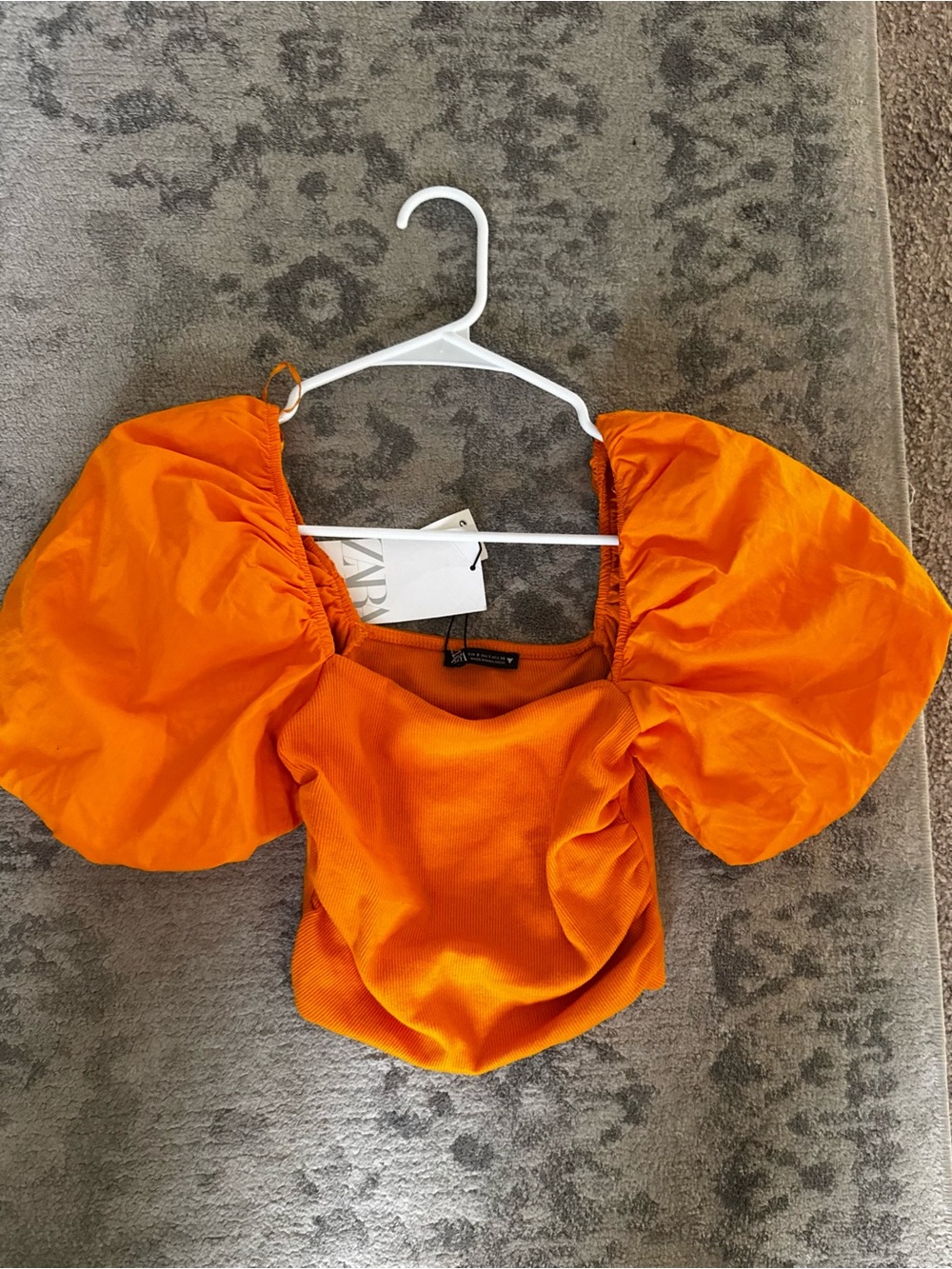 Zara Bright Orange Puff-Sleeve Square Neck Top